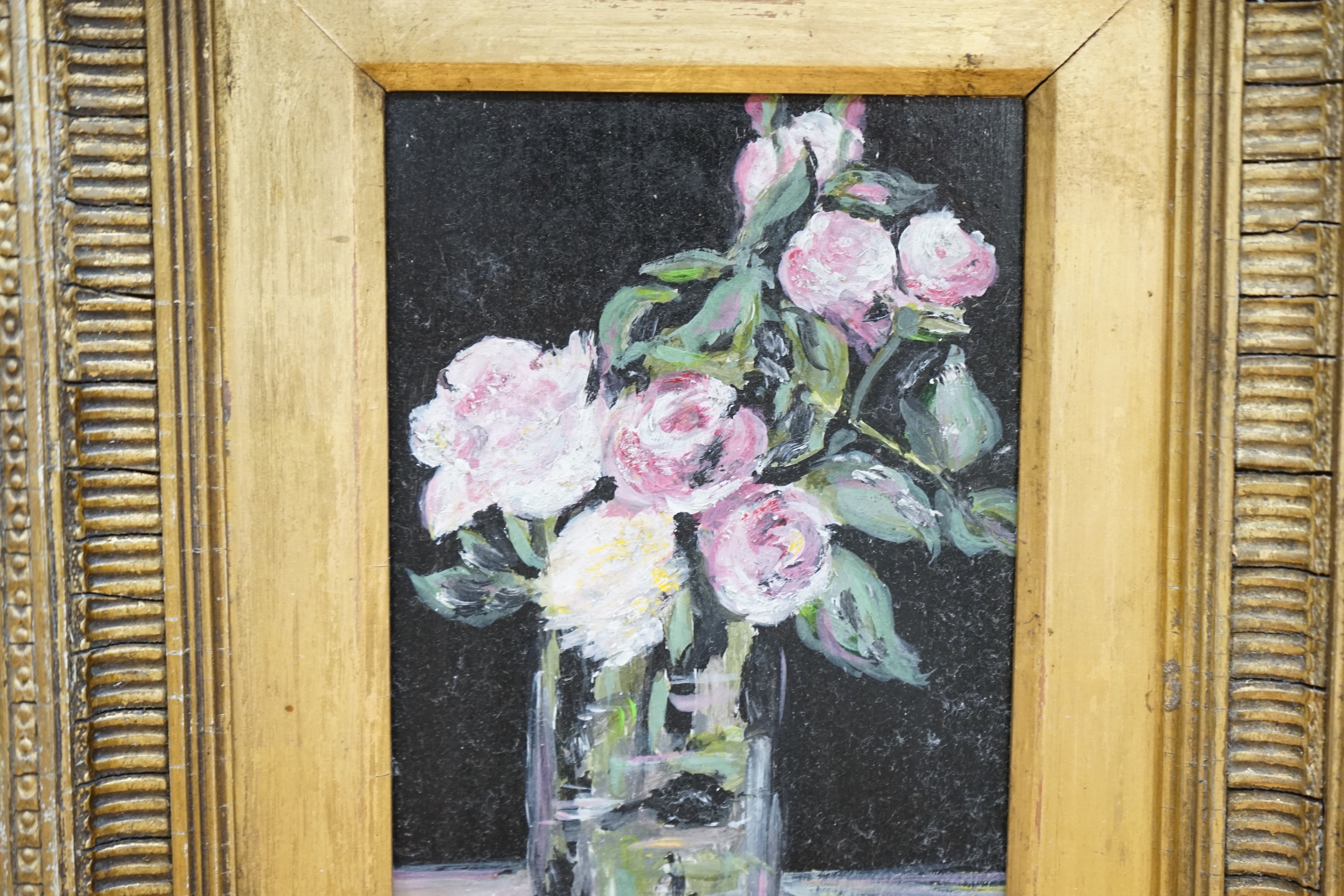 English School, oil on board, Still life of roses in a vase, 18 x 11cm, ornate gilt frame